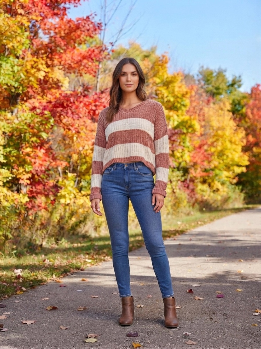 Striped Cozy V-Neck Sweater in Blush and Cream